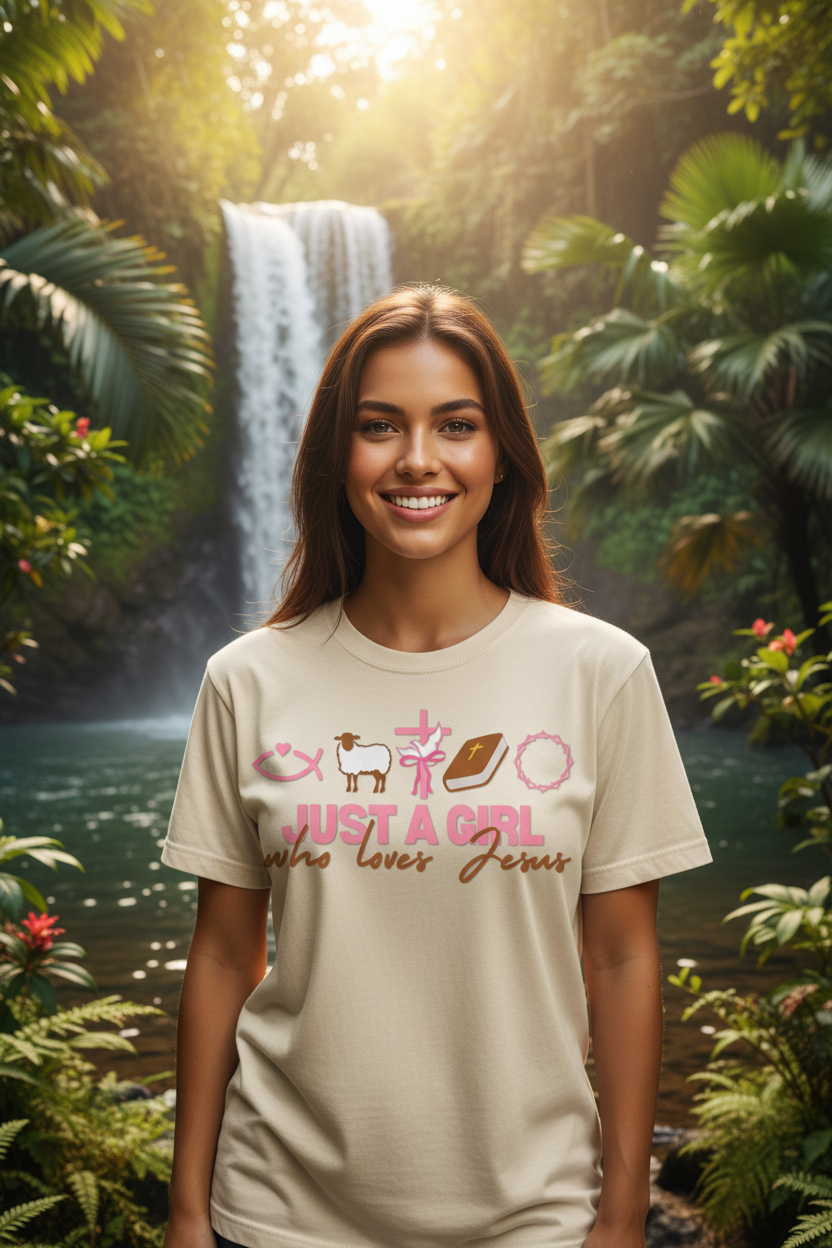 Just A Girl Who Loves Jesus - Model with cream t-shirt at waterfall