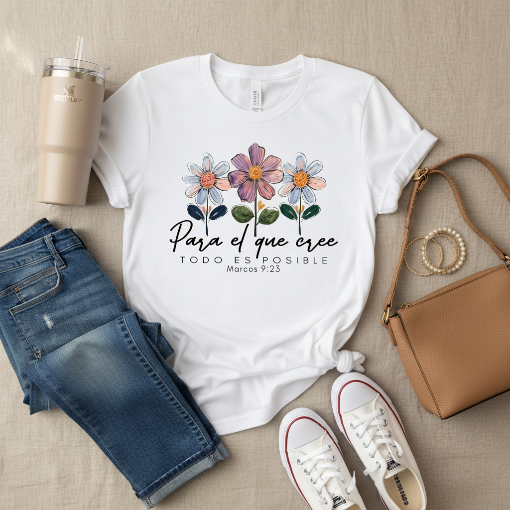 Para El Que Cree Todo Es Posible Marcos 9:23 - Lifestyle flat lay tshirt blanca con jeans, tumbler, pulseras, cartera y tenis