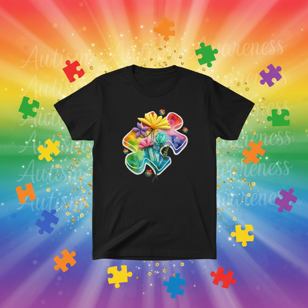 Autism Awareness Puzzle Floral T-Shirt Mockup Rainbow Background