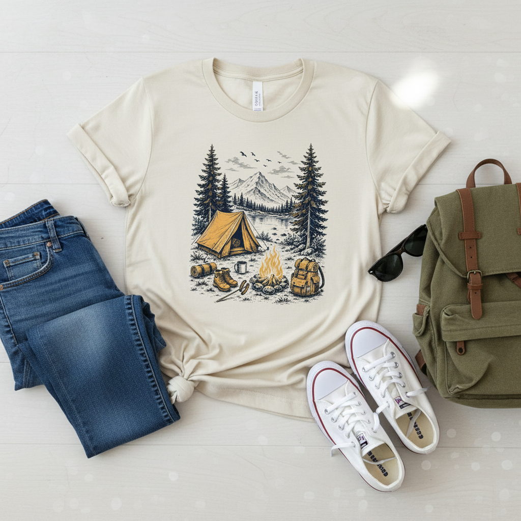 Camisa crema con diseño Camping Scene, jeans, tenis, lentes y mochila