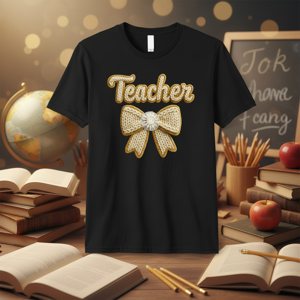 TEACHER BOW CROCHET T-SHIRT con fondo decorativo
