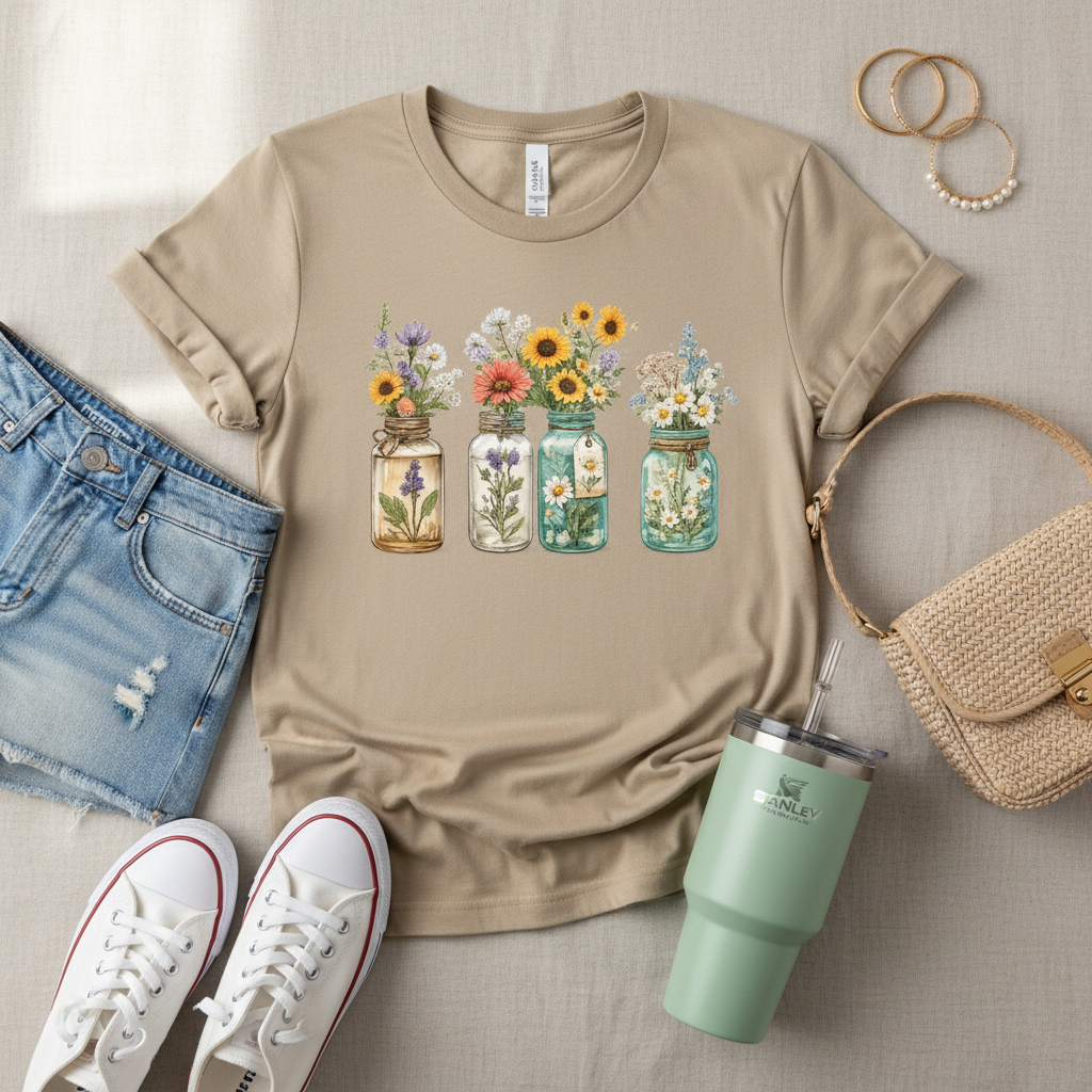 Wildflower Mason Jars - Lifestyle flat lay tshirt crema con jean corto, tumbler, pulseras, cartera y tenis