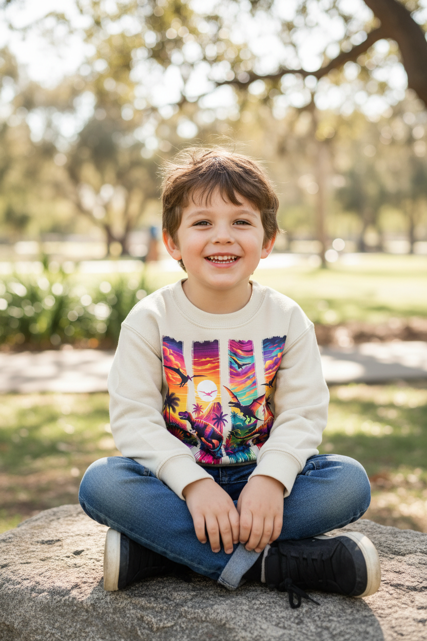 Niño con suéter de dinosaurios