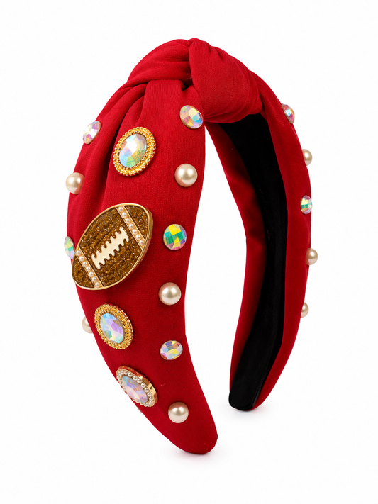 DIADEMA FÚTBOL AMERICANO – ROJA CON PERLAS Y CRISTALES / FOOTBALL HEADBAND – RED WITH PEARLS & CRYSTALS