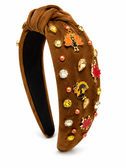 DIADEMA THANKSGIVING – CAFÉ CON PAVOS Y HOJAS / THANKSGIVING HEADBAND – BROWN WITH TURKEYS & LEAVES