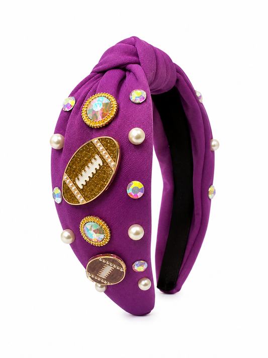 DIADEMA FÚTBOL AMERICANO – MORADA CON PERLAS Y CRISTALES / FOOTBALL HEADBAND – PURPLE WITH PEARLS & CRYSTALS