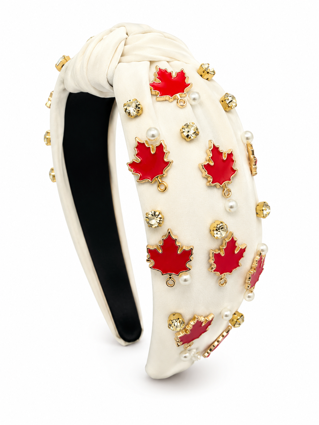 DIADEMA OTOÑAL – BLANCA CON HOJAS DE MAPLE Y PERLAS / AUTUMN HEADBAND – WHITE WITH MAPLE LEAVES & PEARLS