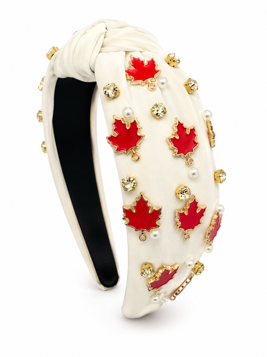 DIADEMA OTOÑAL – BLANCA CON HOJAS DE MAPLE Y PERLAS / AUTUMN HEADBAND – WHITE WITH MAPLE LEAVES & PEARLS