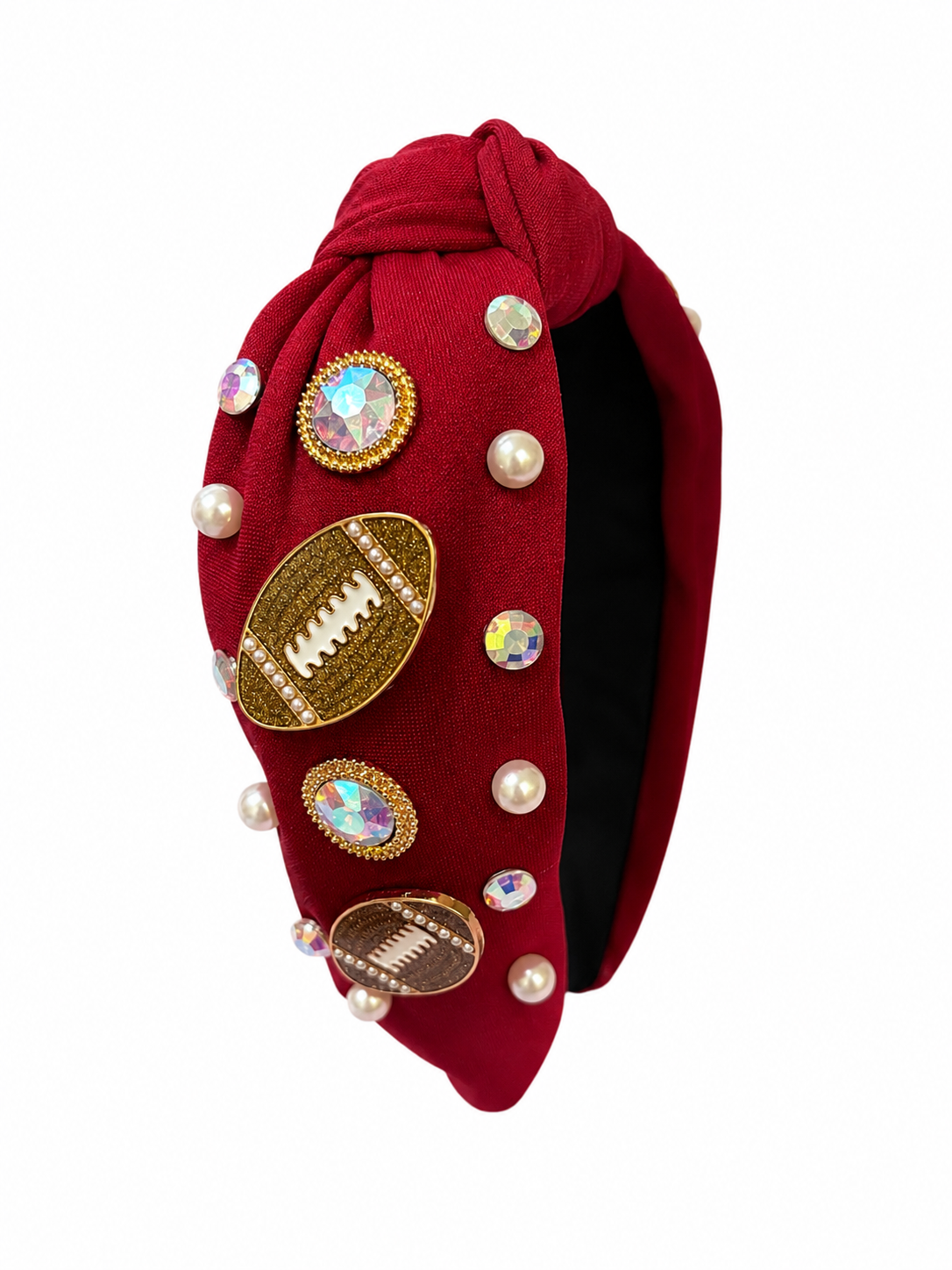 DIADEMA FÚTBOL AMERICANO – VINO CON PERLAS Y CRISTALES / FOOTBALL HEADBAND – BURGUNDY WITH PEARLS & CRYSTALS