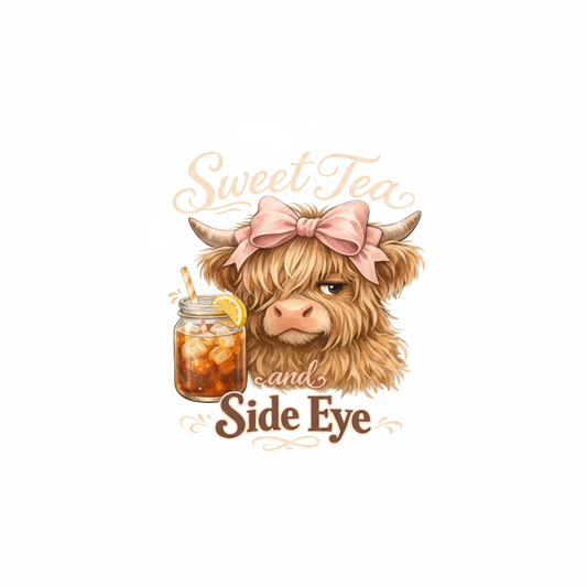 DTF Sweet Tea and Side Eye Highland Cow - Fondo Blanco