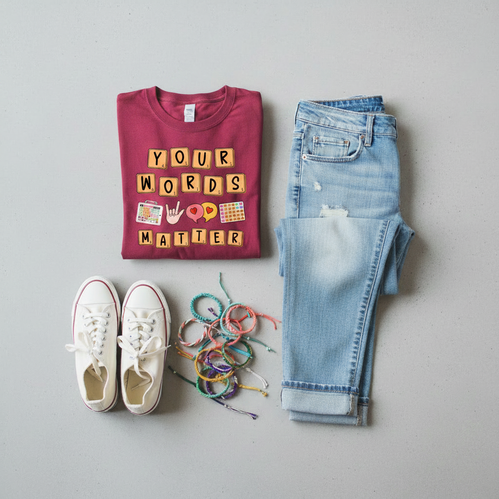 Flat lay rojo con DTF Your Words Matter