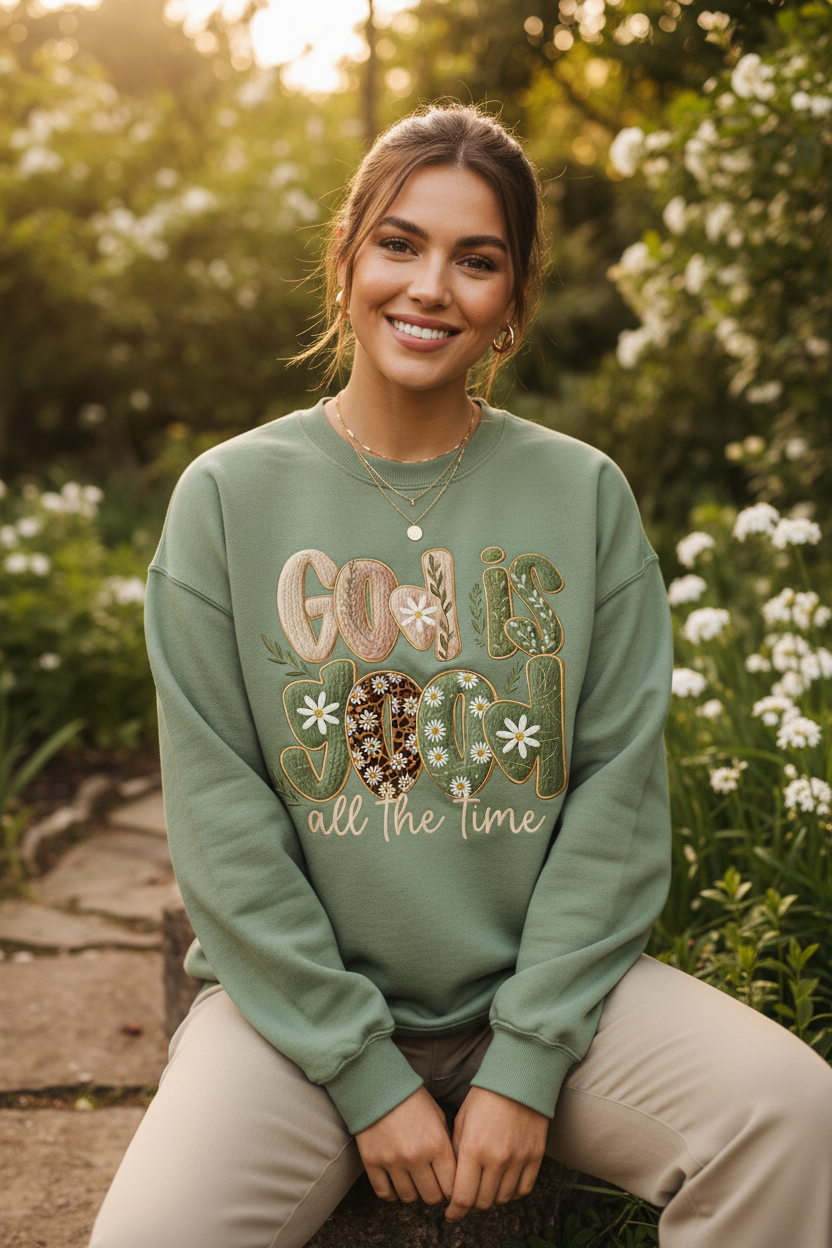 Modelo luciendo God is Good sweatshirt