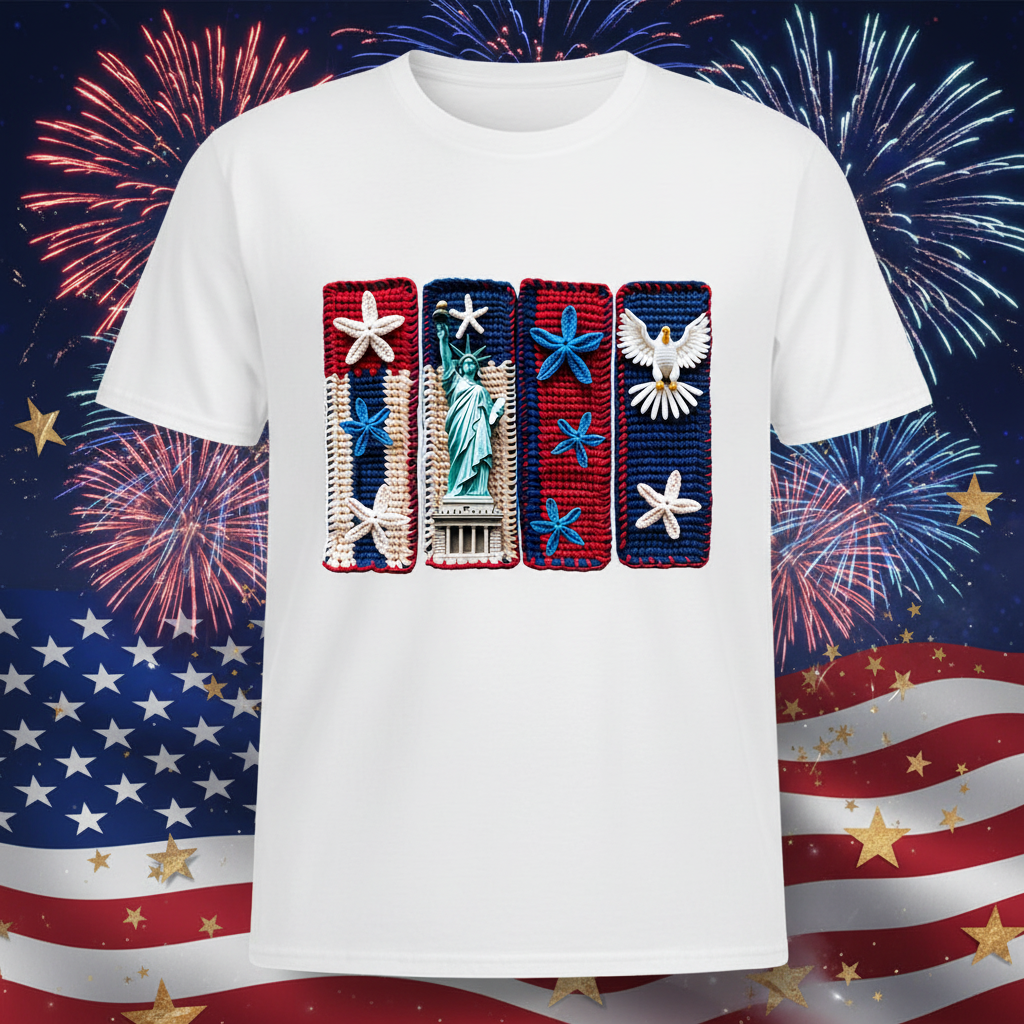 4th of July Crochet T-Shirt con fondo patriótico