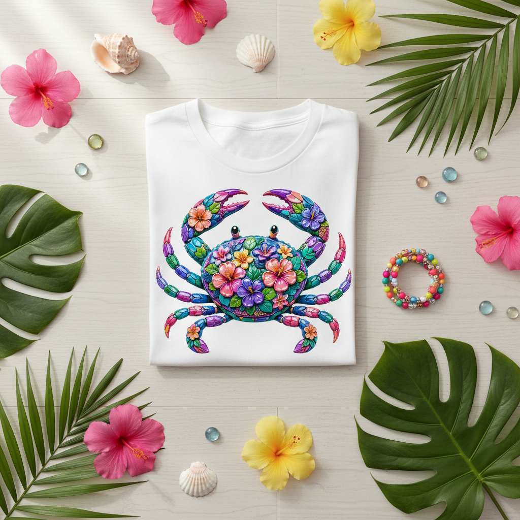 Flat lay playera Floral Crab con pulsera y decoración