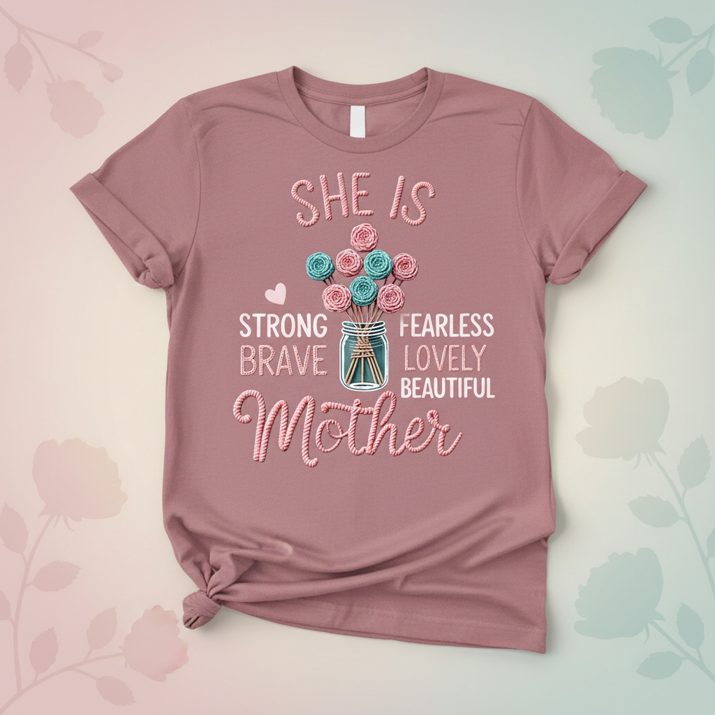 She Is Brave Lovely Mother DTF Transfer mockup on dusty rose t-shirt