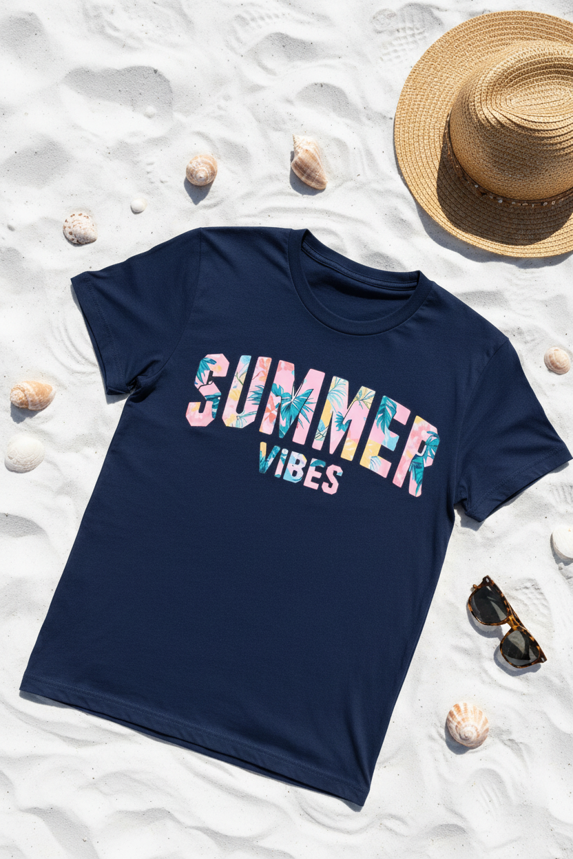 Summer Vibes Navy T-Shirt Flat Lay Mockup