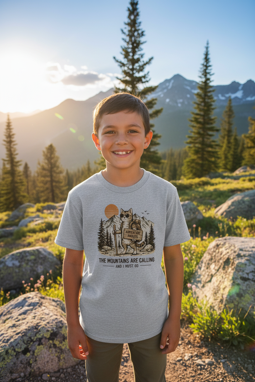 Niño usando playera con diseño Adventure Awaits Cat