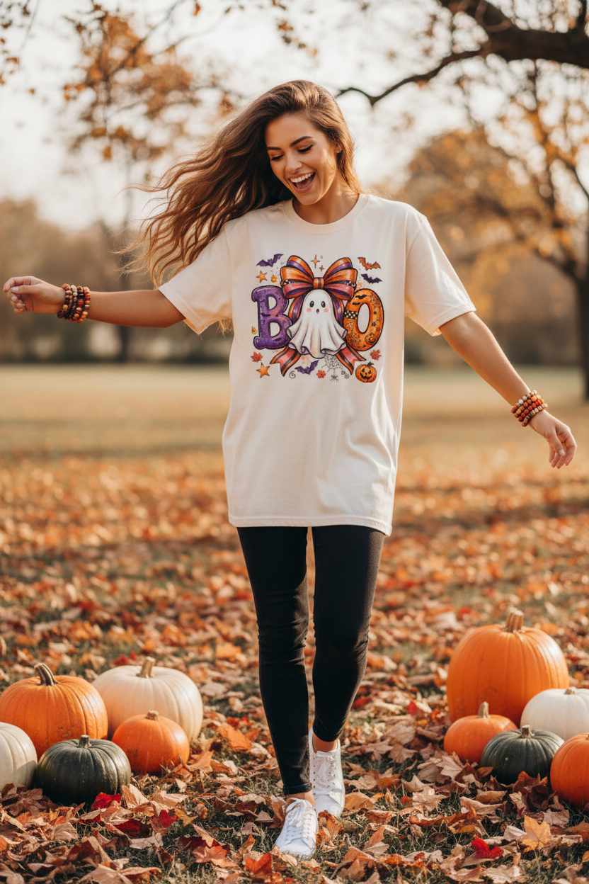 Model wearing BOO Ghost Halloween DTF Transfer shirt