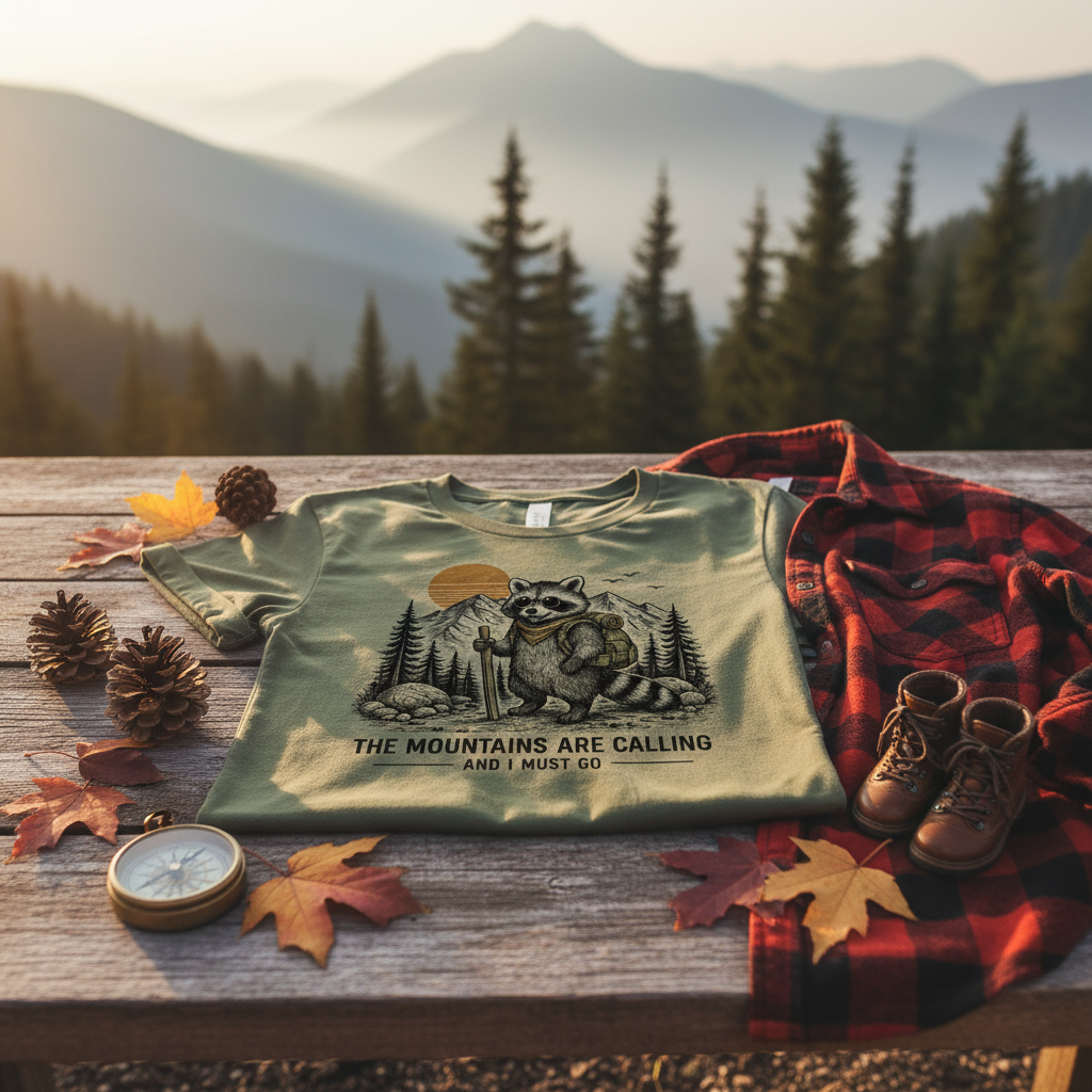 Flat lay playera con fondo de montañas - Raccoon DTF Transfer