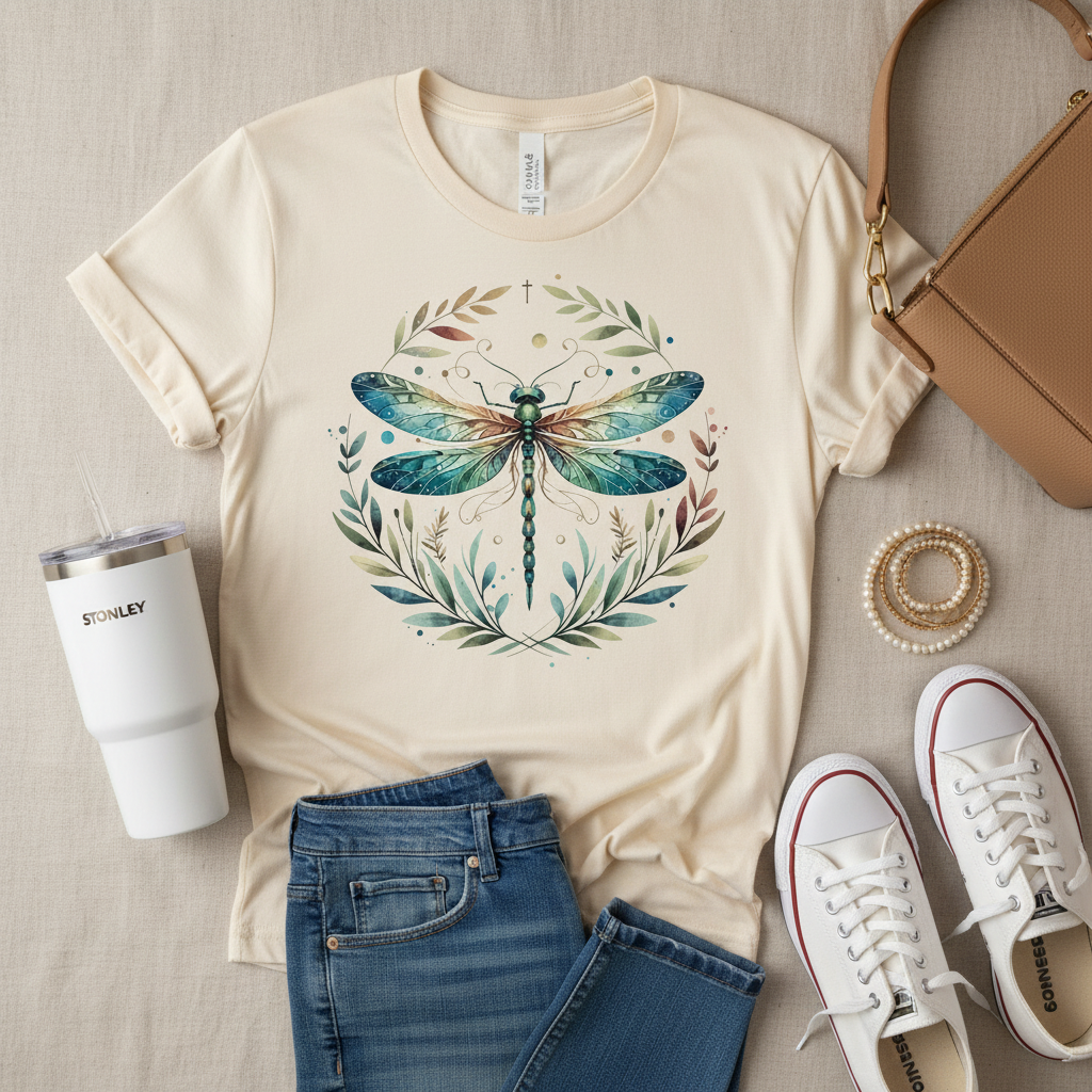 Dragonfly Botanical - Lifestyle flat lay with jeans, tumbler, bracelets, purse and sneakers