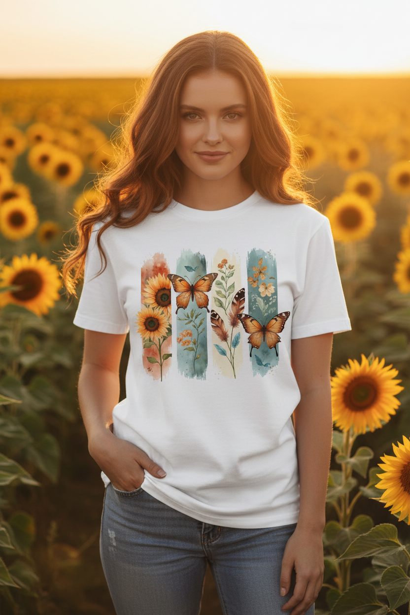 Chica con camisa mariposas y flores en campo de girasoles