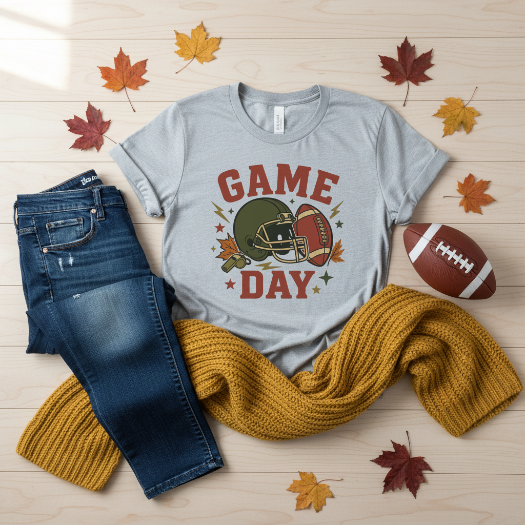Game Day flat lay con jeans y accesorios de otoño