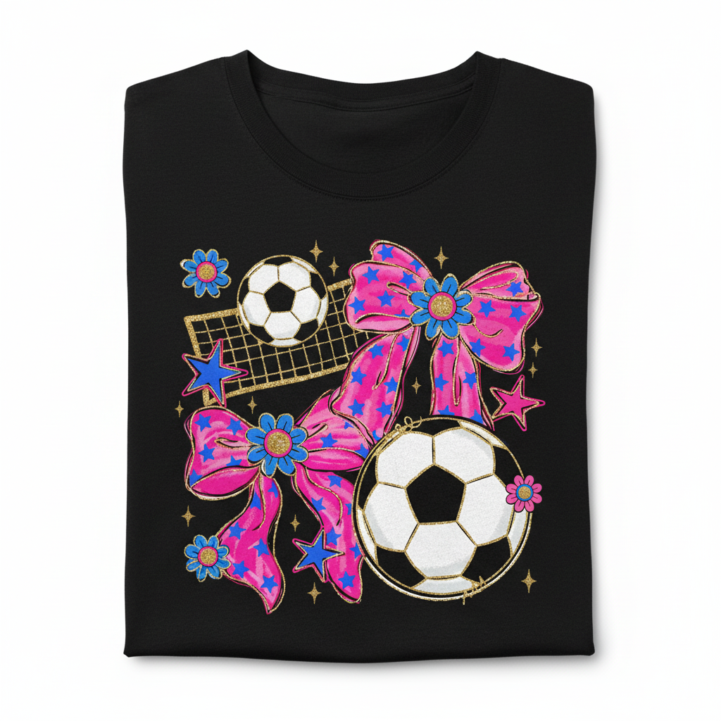 Soccer DTF Transfer mockup on black t-shirt