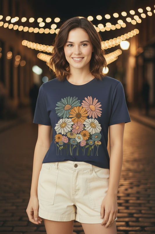 Chica con Wildflower Daisy T-Shirt navy y fondo de luces