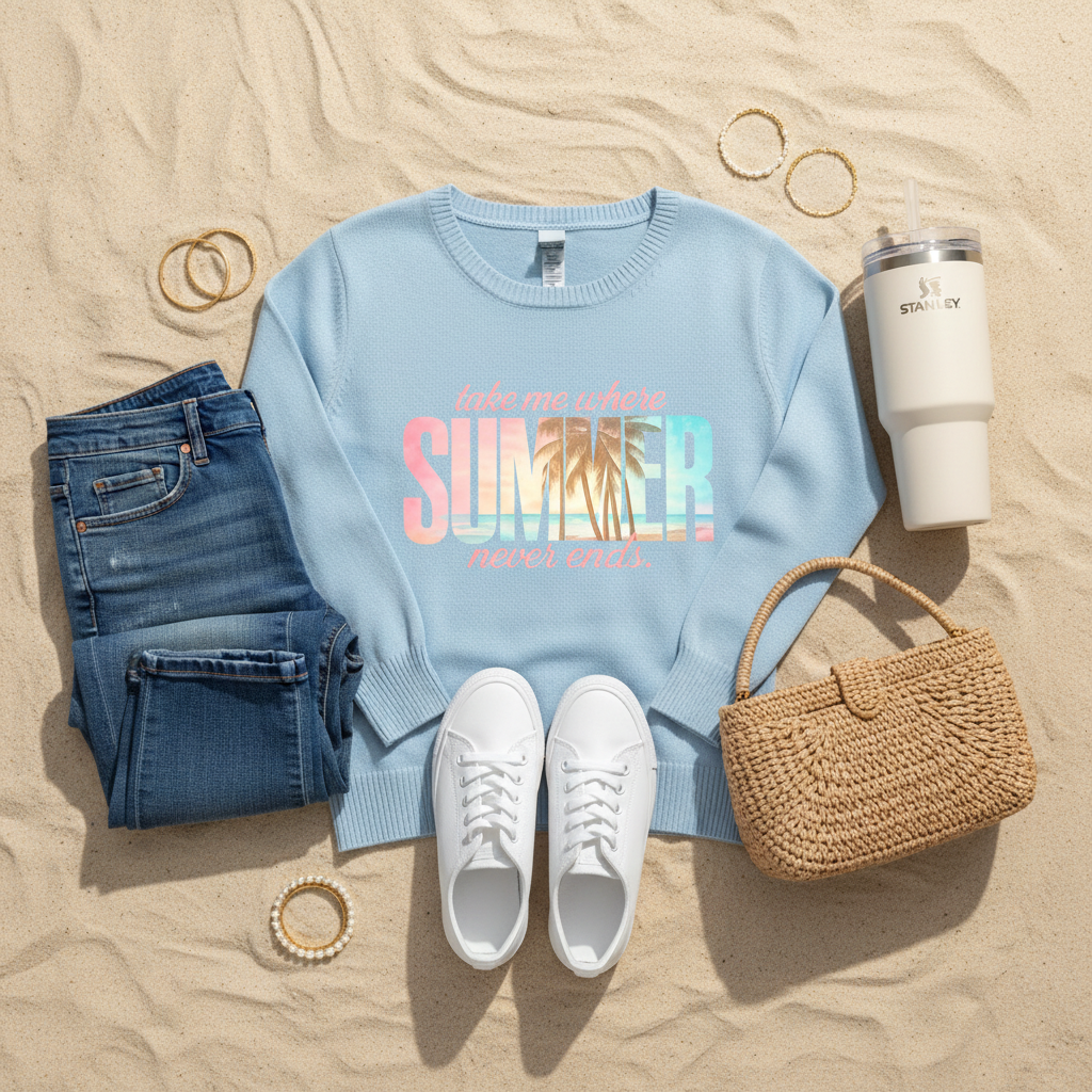 Take Me Where Summer Never Ends - Lifestyle flat lay suéter azul manga larga con jeans, tumbler, pulseras, cartera y tenis