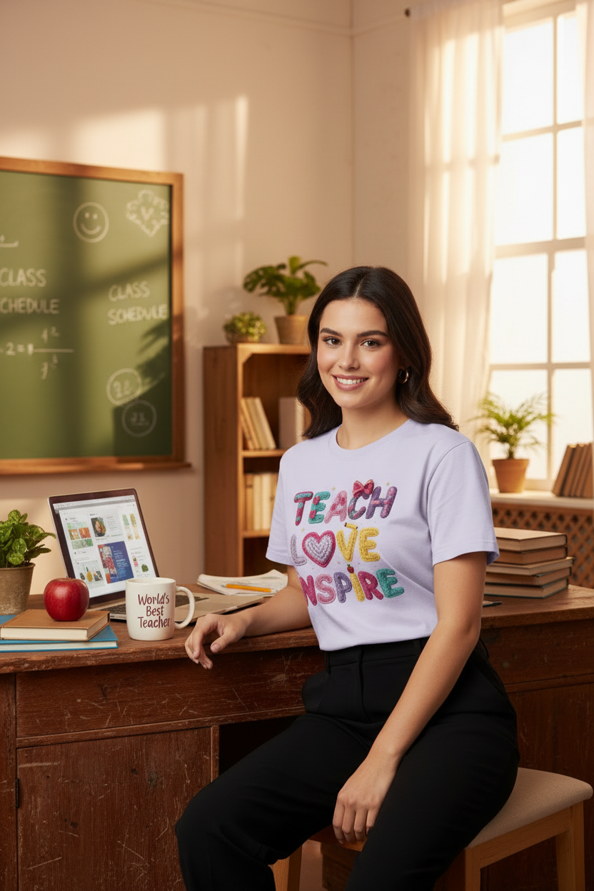 Maestra con camisa Teach Love Inspire en salón de clases