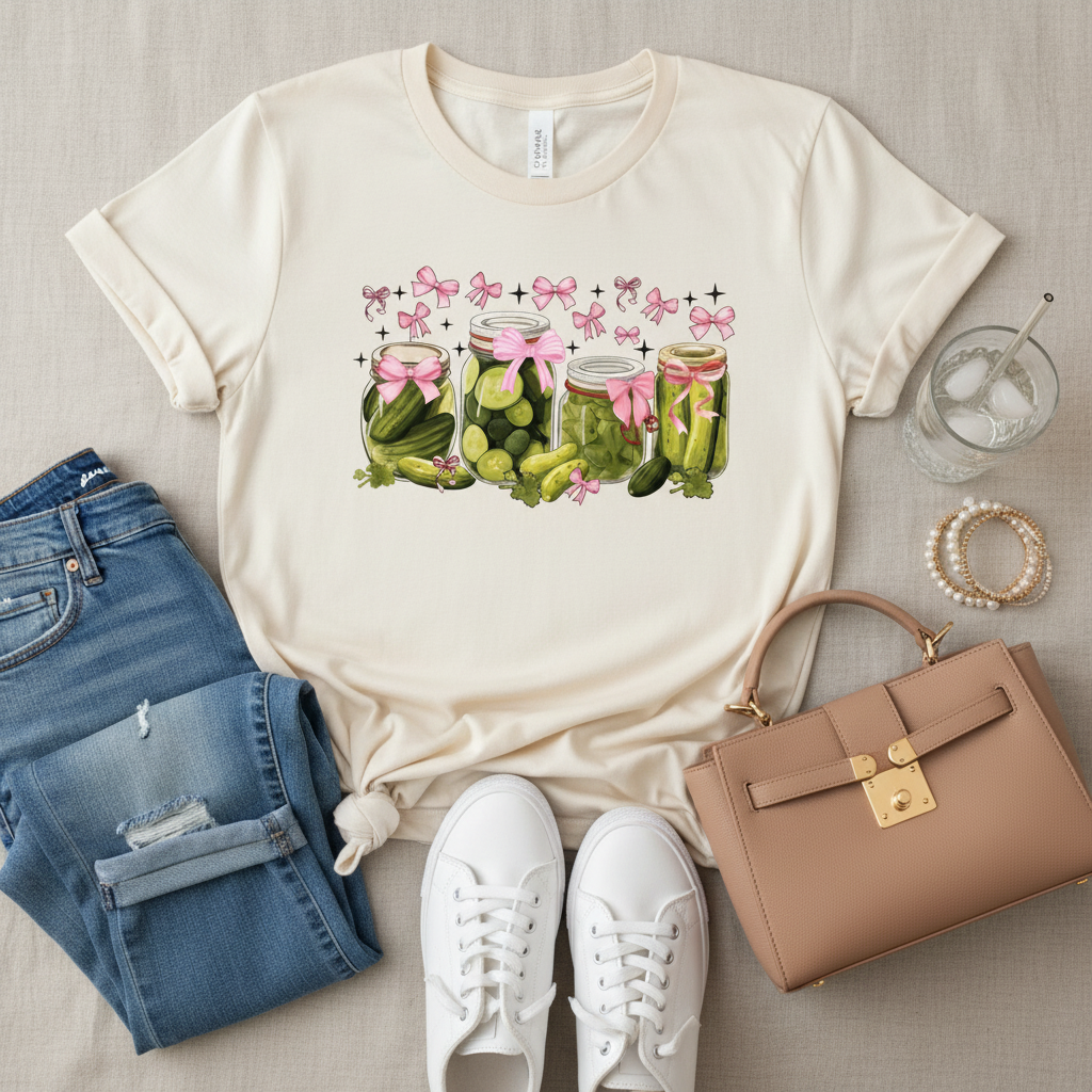 Pickle Jars Coquette Bows - Lifestyle flat lay with jeans, tumbler, bracelets, purse and sneakers