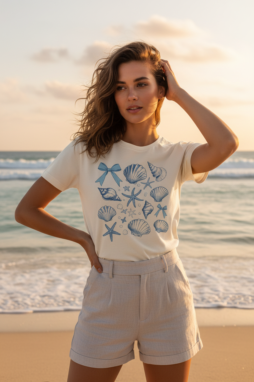 Chica con camisa de conchas en la playa
