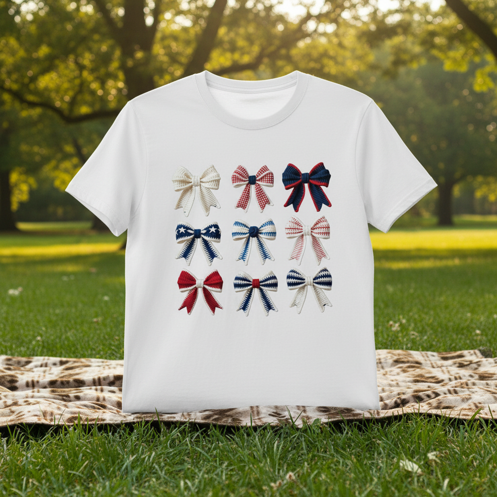 Red White & Blue Crochet Bows T-Shirt con fondo de parque