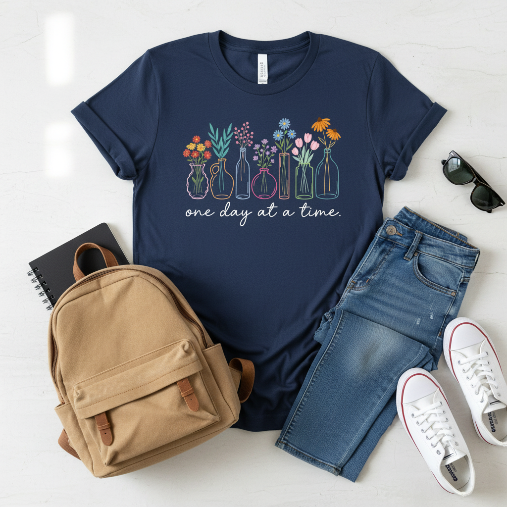 Camisa azul navy One Day At A Time con jeans, tenis, lentes y mochila