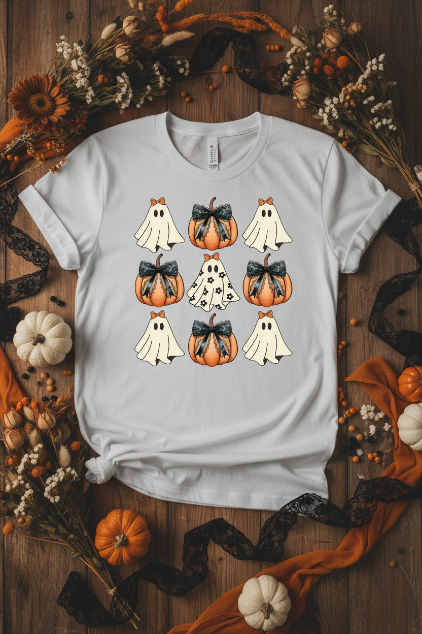 DTF Halloween Ghosts Pumpkins T-Shirt Flat Lay