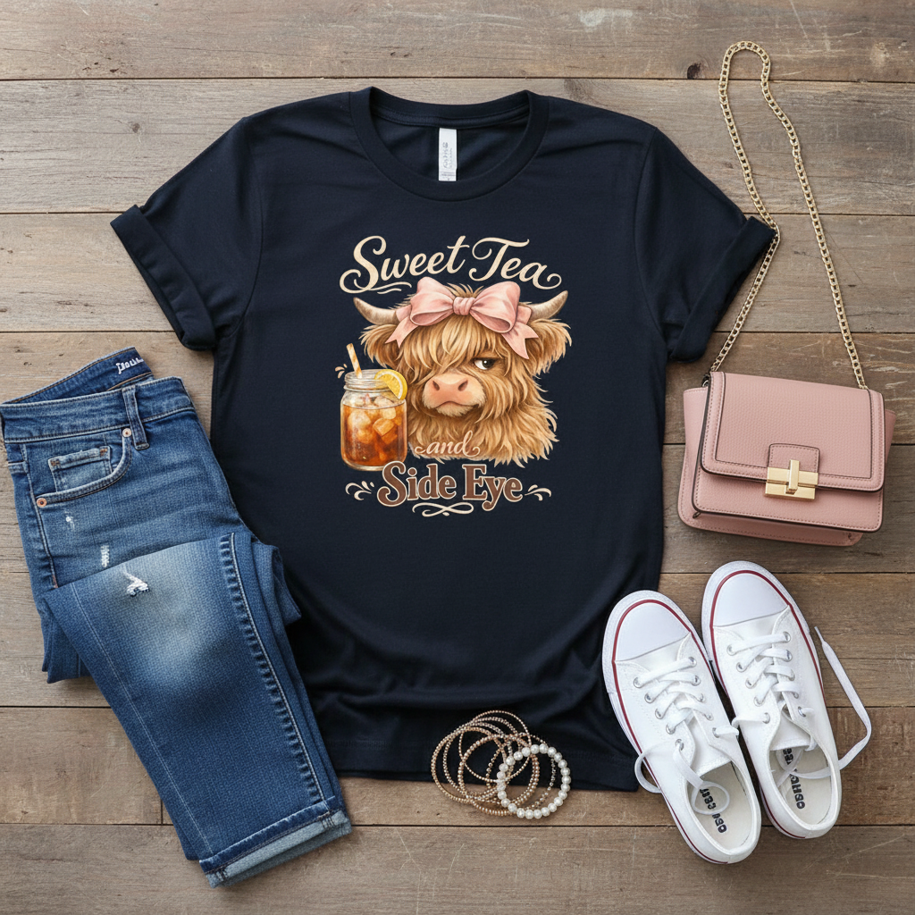 Sweet Tea and Side Eye Highland Cow - Lifestyle flat lay with jeans, purse, bracelets and sneakers