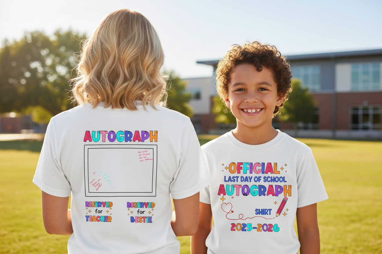 Niño y maestra con playera Last Day of School Autograph Shirt 2025-2026