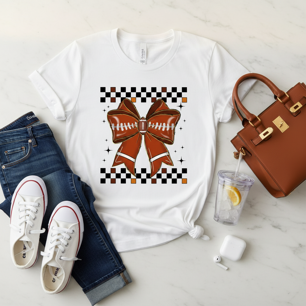 Football Bow DTF Transfer - flat lay con jeans, tenis, cartera, vaso y audífonos