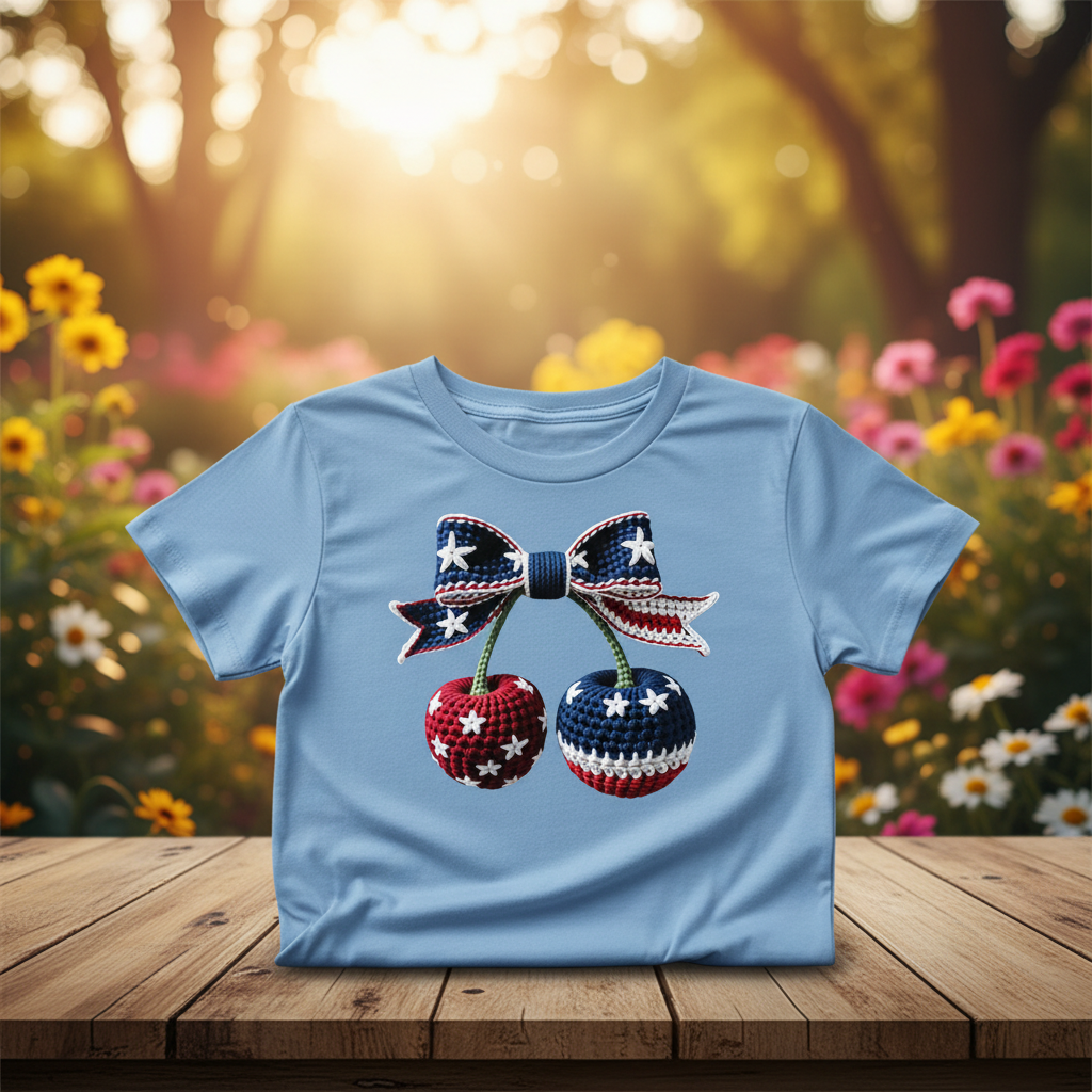 Patriotic Cherry Bow - Camisa Azul Bebé con Fondo