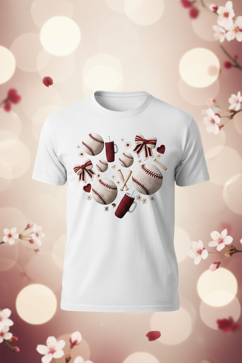 Baseball Heart Crochet White T-Shirt Mockup
