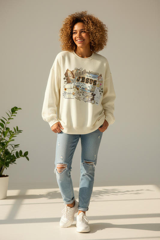 Woman wearing Do You Know Jesus sweatshirt
