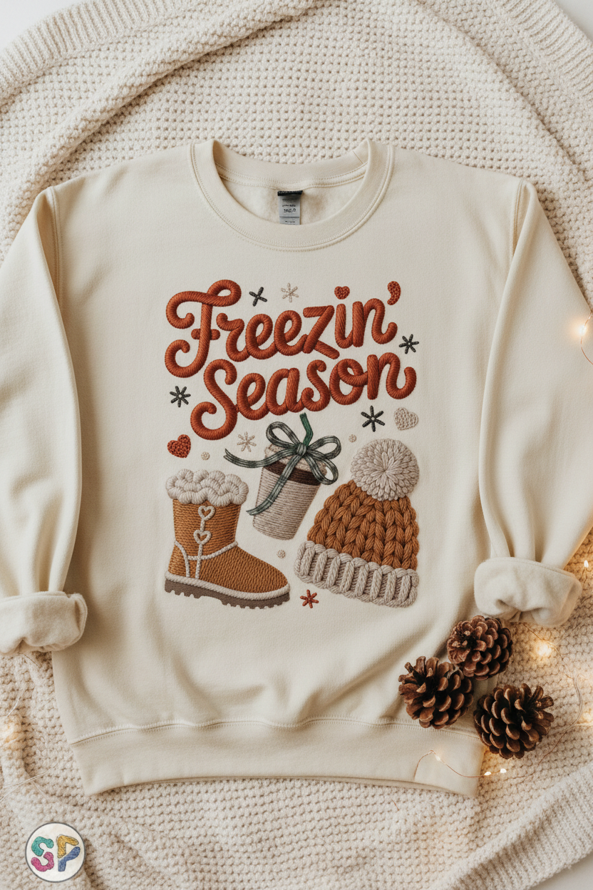 Freezin' Season sweatshirt flat lay cozy winter