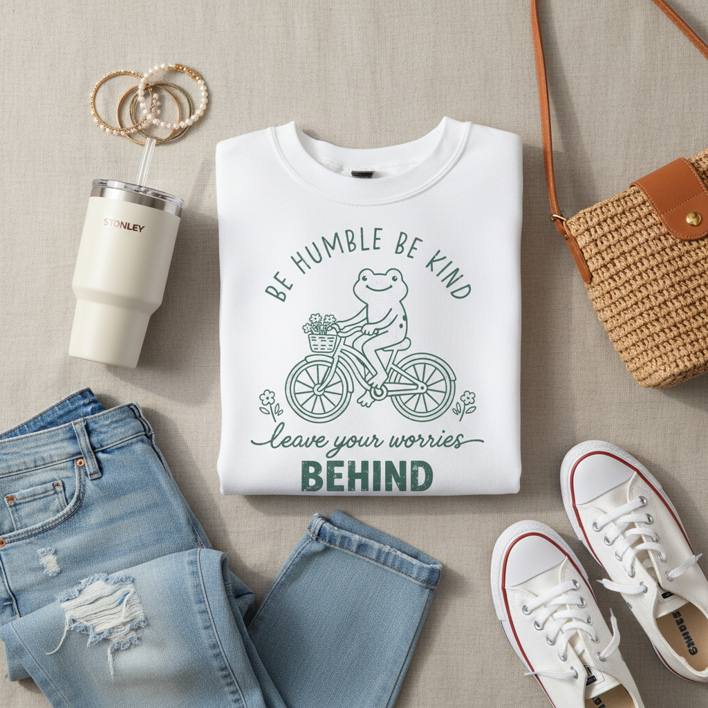 Be Humble Be Kind Frog - Lifestyle flat lay sudadera blanca con jeans, tumbler, pulseras, cartera y tenis