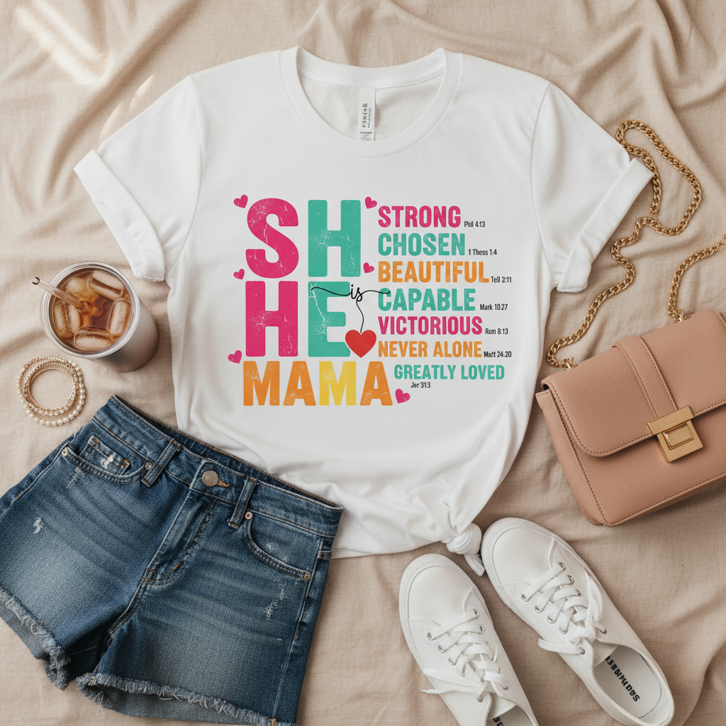 She Is Mama - Lifestyle flat lay tshirt blanca con jean corto, tumbler, pulseras, cartera rosa y tenis