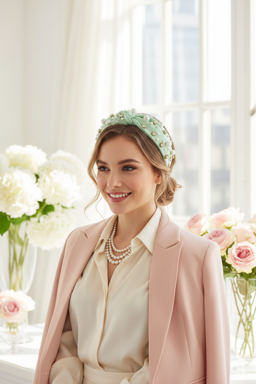 Modelo Elegante con Diadema Verde Menta
