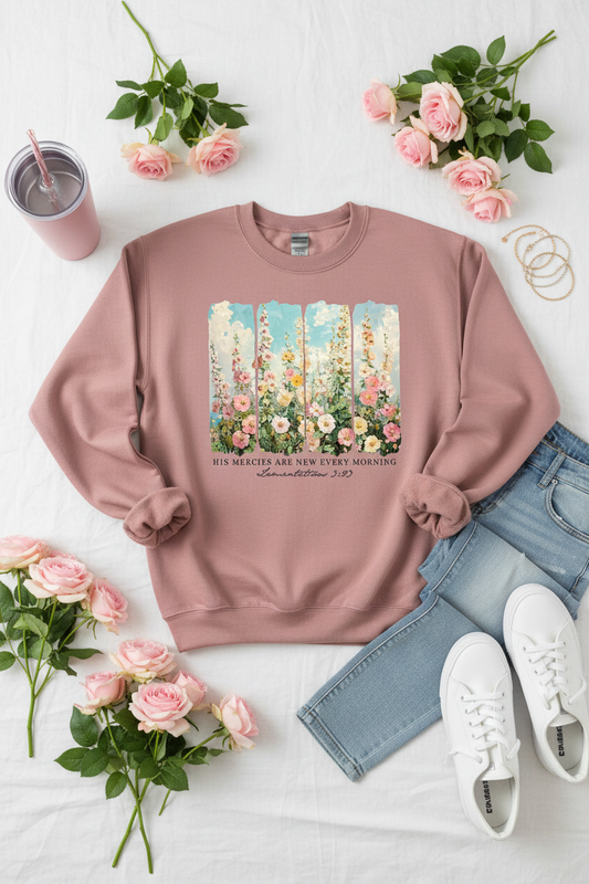 Suéter rosa viejo His Mercies flat lay